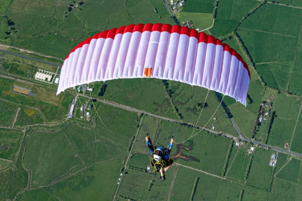 Icarus Petra 2 prototype being flown by Icarus Testies above Skydive Auckland