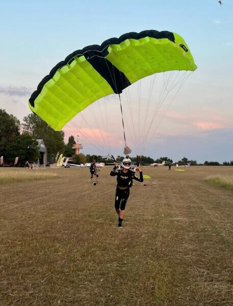 JYRO athlete Máté Feith after landing a Safire 4 canopy at the drop zone.