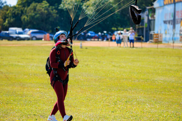 Martina landing under her pink canopy at Boituva, Brazil.